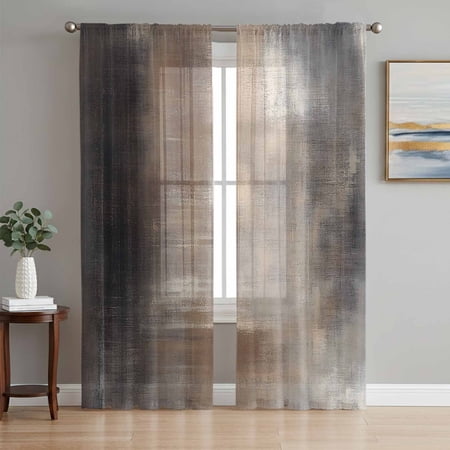 Brown Sheer Curtains 72 Inch Length 2 Panels Set Modern Ombre Abstract Art Oil Painting Voile Window Treatment Rod Pocket Curtains Sheers Drapes for Bedroom/Living Room/Kitchen 52 x72 x2