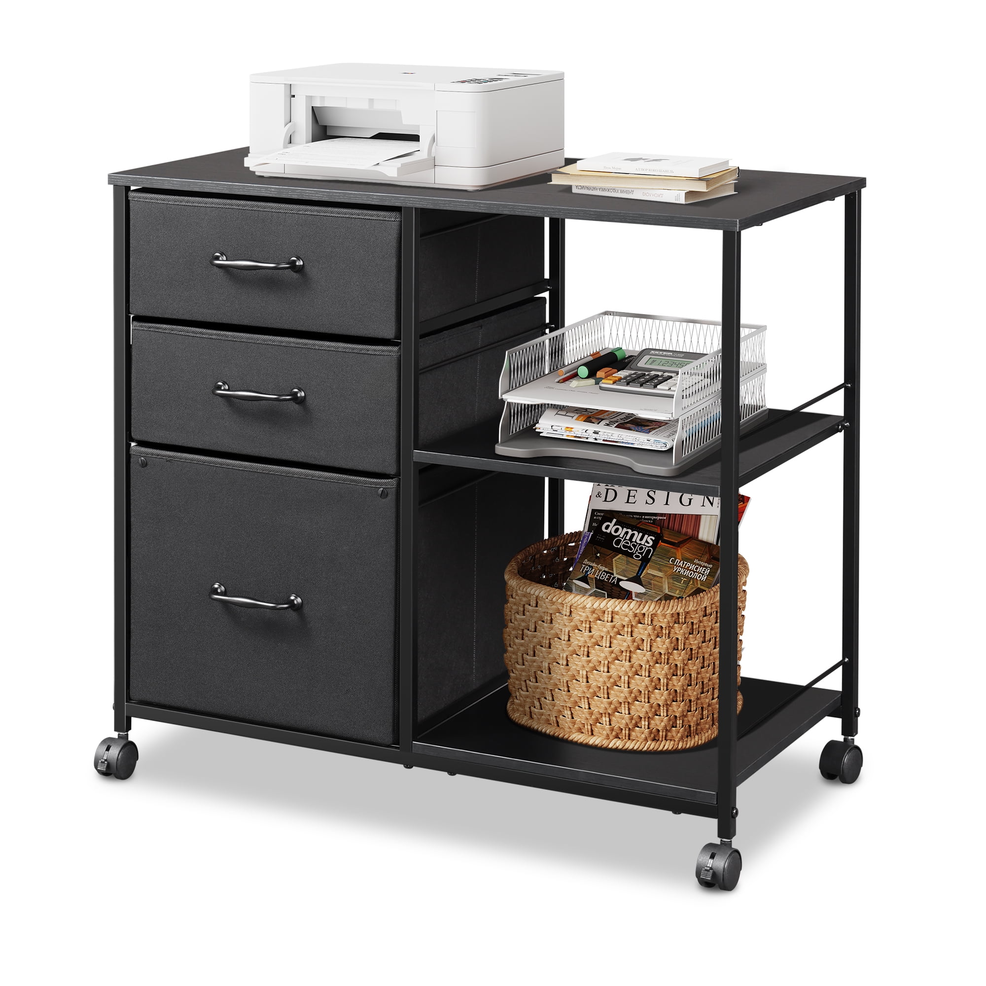QDSSDECO 3-Drawer Wood File Cabinet Mobile Lateral Filing Cabinet Suitable for A4 Paper Black for Home Office with Rolling Wheel Printer Stand and Open Adjustable Storage Shelves 