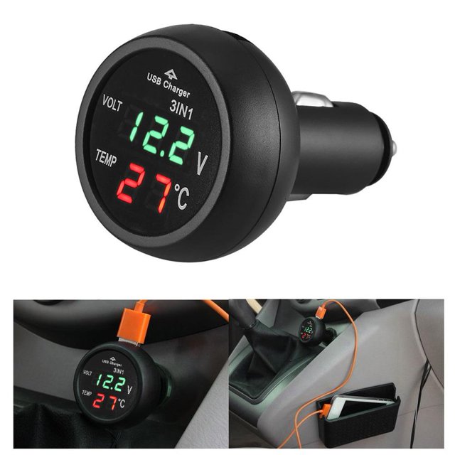 Voltímetro digital LED para coche 3 en 1 de 12/24 V + termómetro + cargador USB (verde)