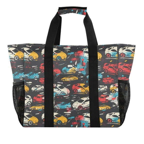 Abstract Sport Cars Reusable Grocery Bags with Handle Side Pocket Waterproof Shopping Portable Tote
