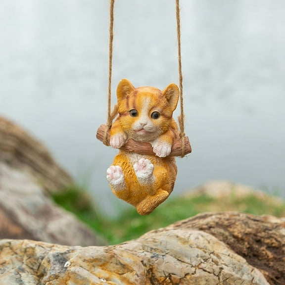 1pcs Resin Cat Statue, Simulated Feline Figurine, Hanging Cat Sculpture for Home Decor (Orange)