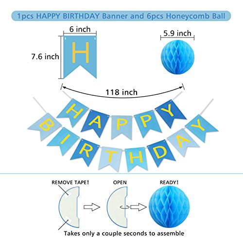 Circle Garland and Hanging Swirl Decorations Birthday Party Decorations Blue Birthday Decorations with Happy Birthday Banner Paper Honeycomb Balls 