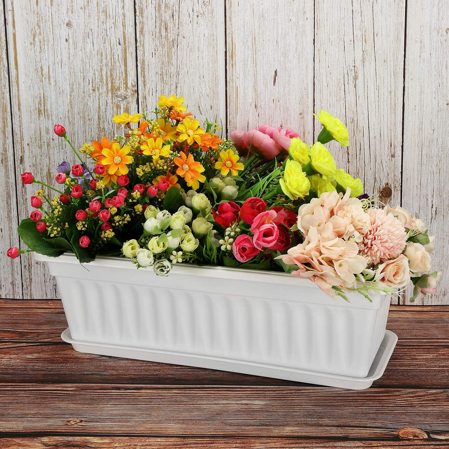 GIXUSIL 3 Pack 17 inches White Flower for Window Box Premium Plastic Vegetable Planters with Trays Vegetables Growing Container Garden Flower Plant Pot for Balcony, Window Sill, Patio, Garden