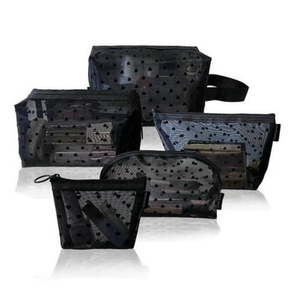 5-Piece Mesh Makeup Bag Set, Heart Printed Cosmetic Bags with Zipper, Portable Storage Organizers for Home, Office, Travel