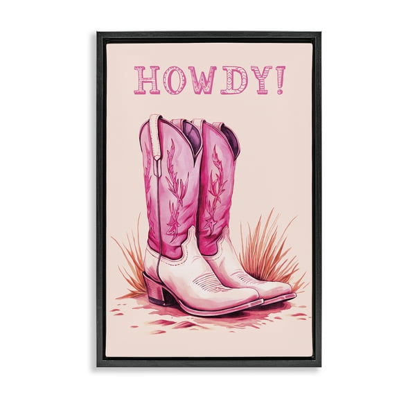 Stupell Industries Pink Cowgirl Boots Howdy Fashion Painting Black Floater Framed Canvas Art Print Wall Art, 17 x 25