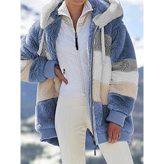 Women's Oversized fleece jackets Plush Long Sleeve Full Zip Up Sherpa Jackets Thermal Warm Winter Hooded Outerwear with Pocket Warm Clothes