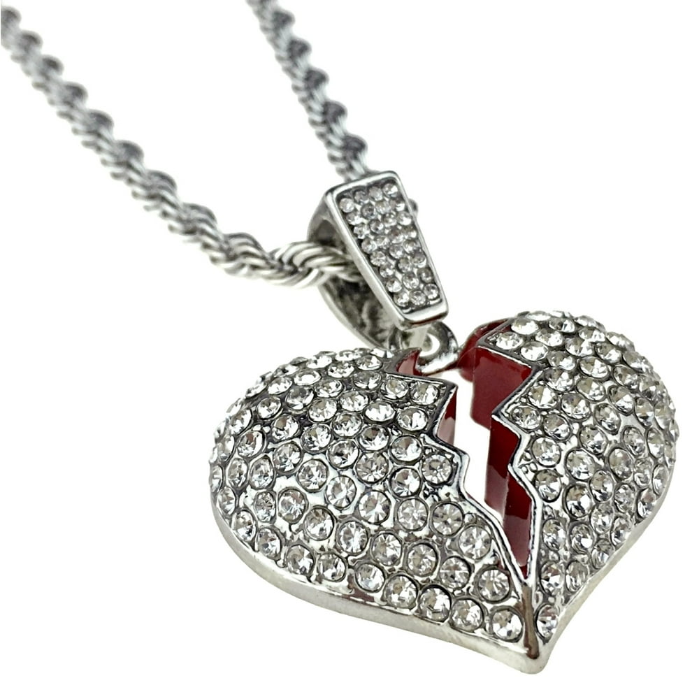 Bling Cartel Broken Heart Pendant Chain Heartbroken Bling Charm Silver Tone 24" Inch Rope