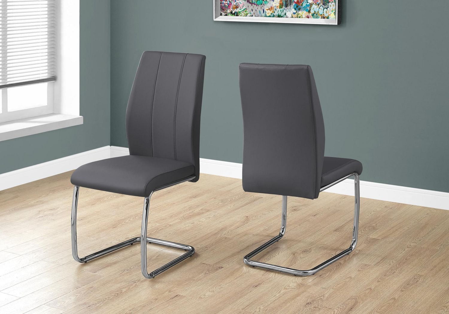 Monarch Specialties Dining Chair, Set Of 2, Side, Upholstered, Kitchen, Dining Room, Pu Leather Look, Metal, Grey, Chrome, Contemporary, Modern