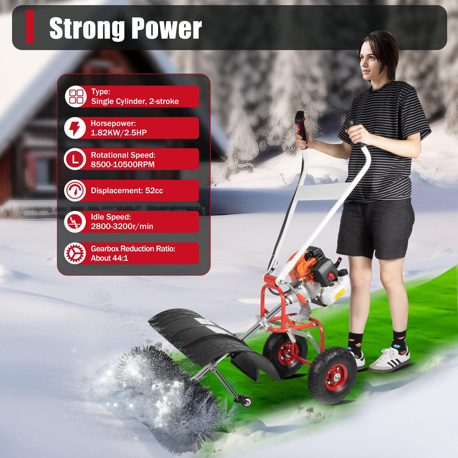 52CC 2-Stroke 2.5HP Walk Behind Gas Powered Sweeper Broom, Driveway and Lawn Snow Removal Sweeper, Artificial Turf Snow Sweeper, for Lawns, Fallen Leaves, Artificial Turf, and Gravel