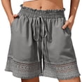 thumbnail image 2 of Hesxuno Womens Vacation Long Shorts Drawstring Ruffle Elastic Waist Shorts Crochet Hem Shorts Boho Holiday Travel Shorts Gray XL, 2 of 6