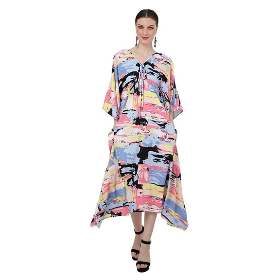 Miss Lavish London Women’s Paint Splatter Poly Crepe Kaftan Dress with Elasticated Waist & Pockets- Abstract- M