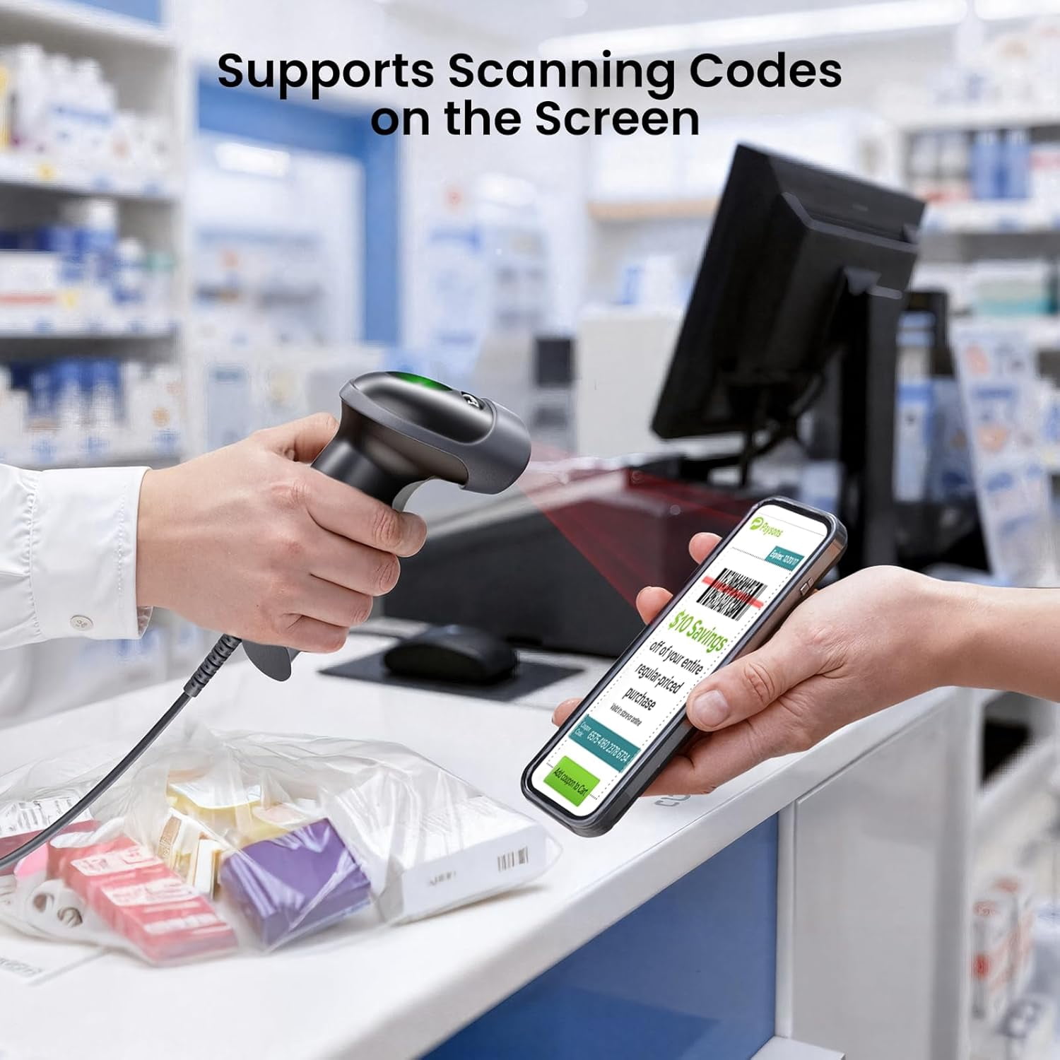 USB 2D Handheld Wired Barcode Scanner, Automatic QR Code Scanner PDF417 Data Matrix Bar Code Reader with USB Cable for POS Mobile Payment, Convenience Store, Warehouse, Supermarket