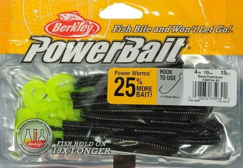(2 pack) Berkley PowerBait® Power Worm Fishing Bait, Black/Chartreuse, 4in