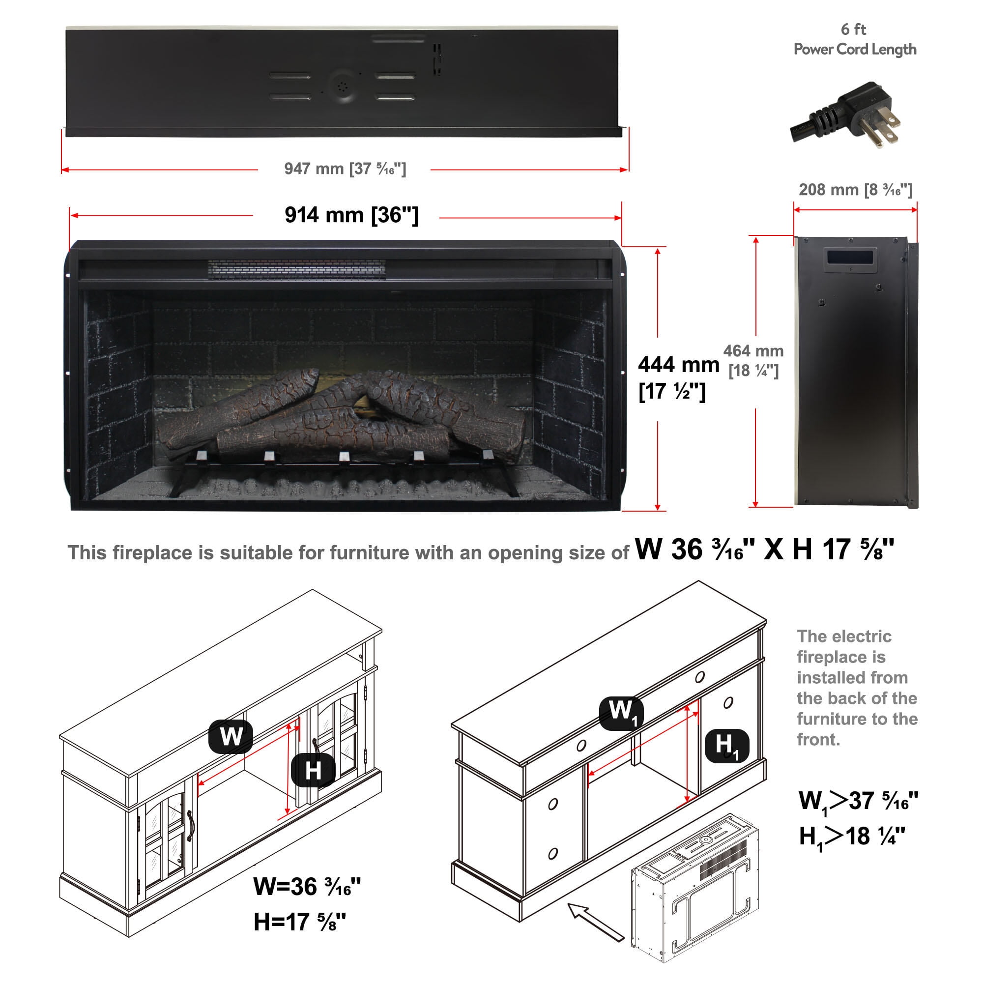 Electric Indoor Fireplaces, 36 inch Infrared Electric Fireplace with Removable Trim kit Insert, Touch Panel Home Decor Heater, Antique Black Indoor Fireplaces,Fireplace Tools Set