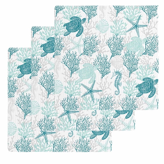 Turquoise Coastal Kitchen Dish Towels for Drying Dishes Set of 3, Sea Turtle Nautical Coral Summer Beach Waffle Weave Microfiber Hand Tea Bathroom Towels Quick Dry & Absorbent Towel 12x12