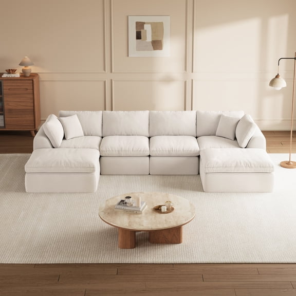 6-Seat U-Shape Modular Sectional Sofa with Ottomans, Large Boneless Cloud Couch, No-Assembly Living Room Design, 139" Wide, White