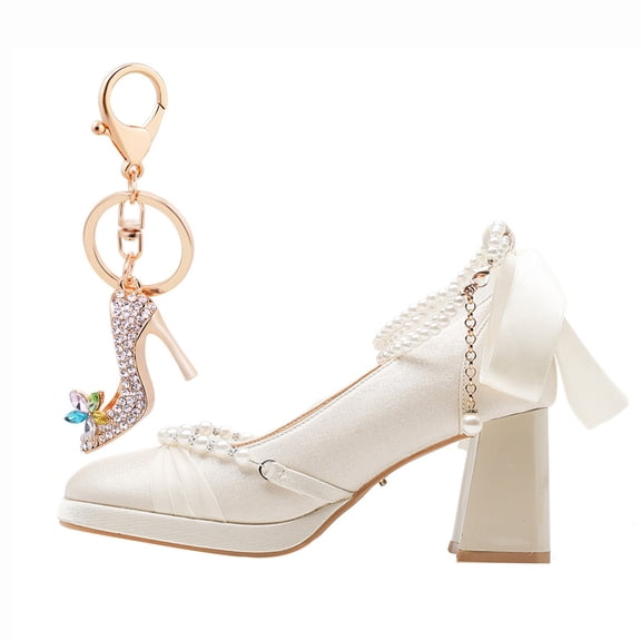 Women's Pumps Satin High Heels 9CM Detachable Pearls Ankle strap Bow Wedding Party Dress Shoes