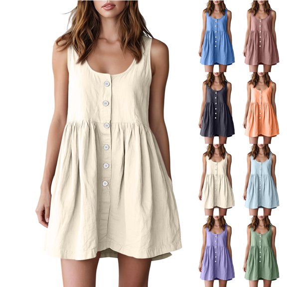 Smsaxvxz Womens Summer Tank Dresses Fashion Solid Round Neck Sleeveless Elastic Waist Casual Loose Beach Vacation Mini Dress Beige 3XL