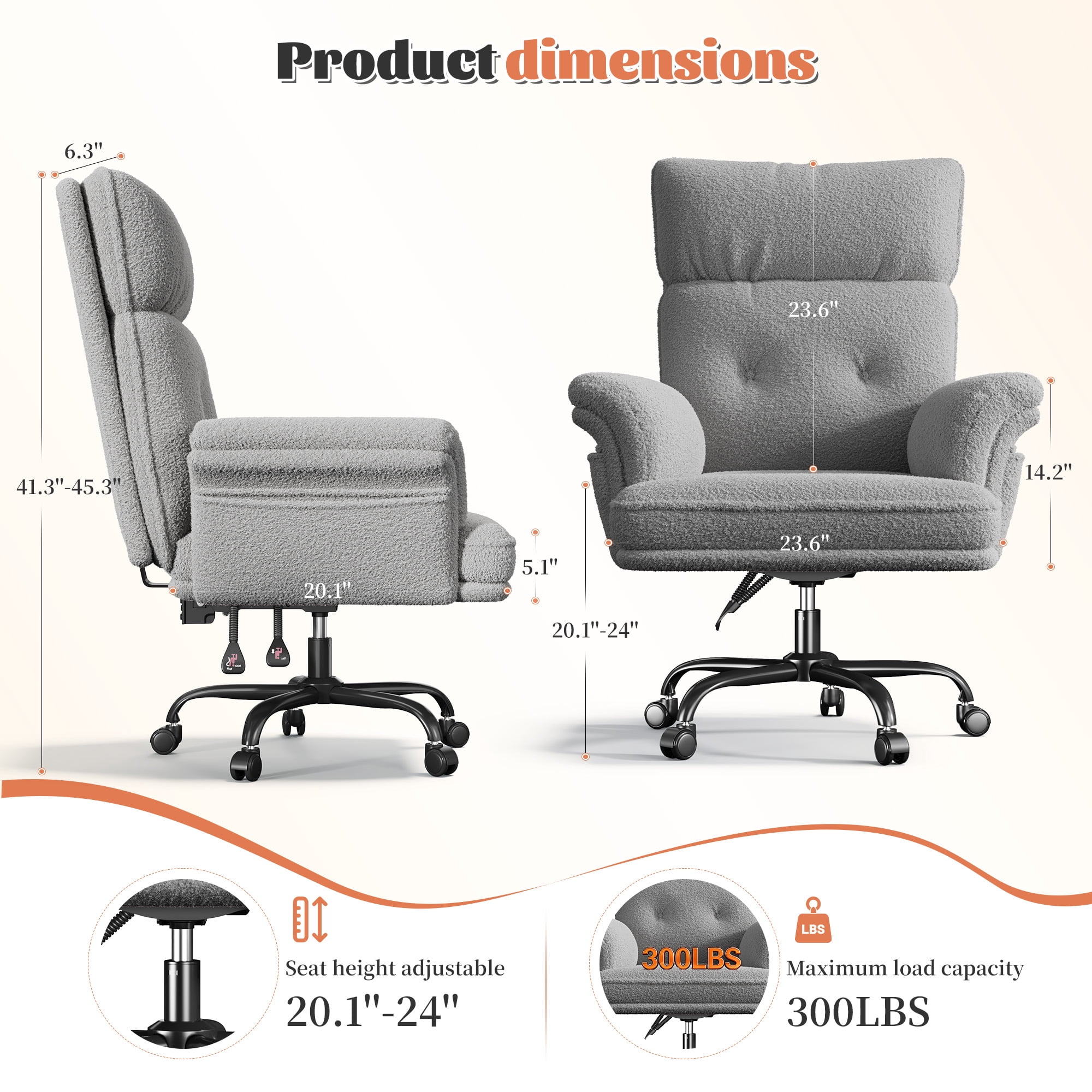 Romorgniz Criss Cross Chair with Armrests & Wheels Ergonomic Computer Gaming Chair with Two Side Pockets Teddy Plush Wide Seat Reclining Desk Chair for Home Office, Gray