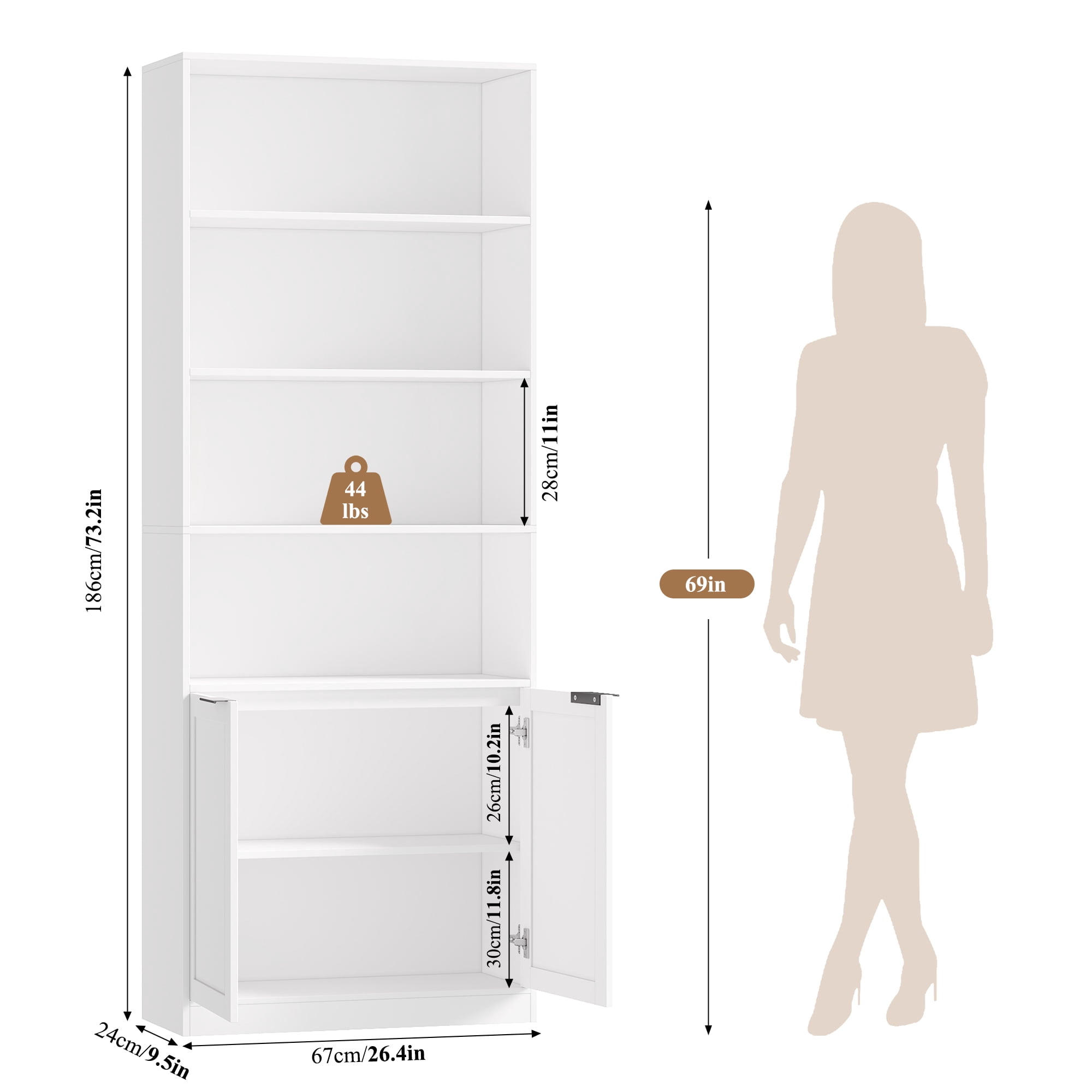 Hiphuta 73" Tall 6-Tier Bookcase with Cabinet, 26" Wide Minimalist Single Row Bookshelf with 2 Doors and 4 Open Shelves, for Office Living Room, White
