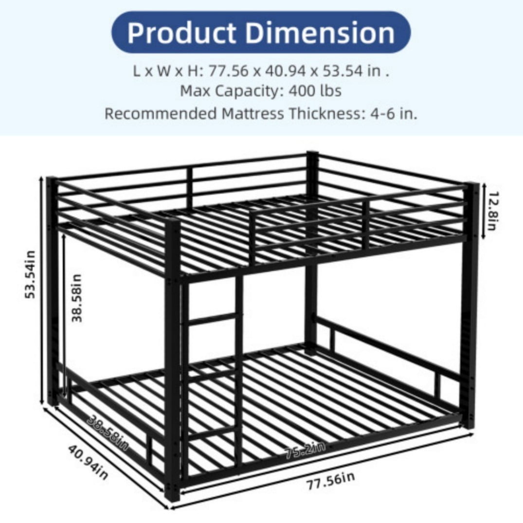 Twin Over Twin Metal Bunk Bed, Heavy-Duty Frame with 13" Guardrails, 3-Step Ladder, Noise-Reduced Slats, No Box Spring, Black