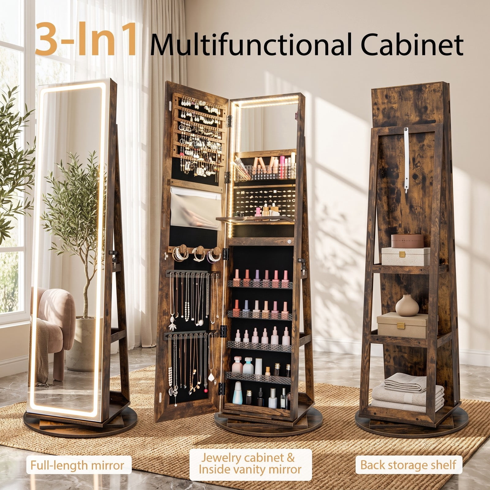 Furnibear Freestanding Rotating Jewelry Cabinet with Adjustable LED Full-Length Mirror and Makeup Mirror for Bedroom, Coffee