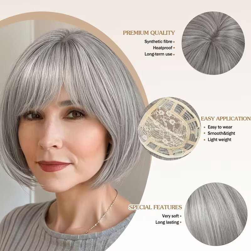 Silver gray women's short bob wig straight hair with bangs synthetic fiber hair piece suitable for thin hair