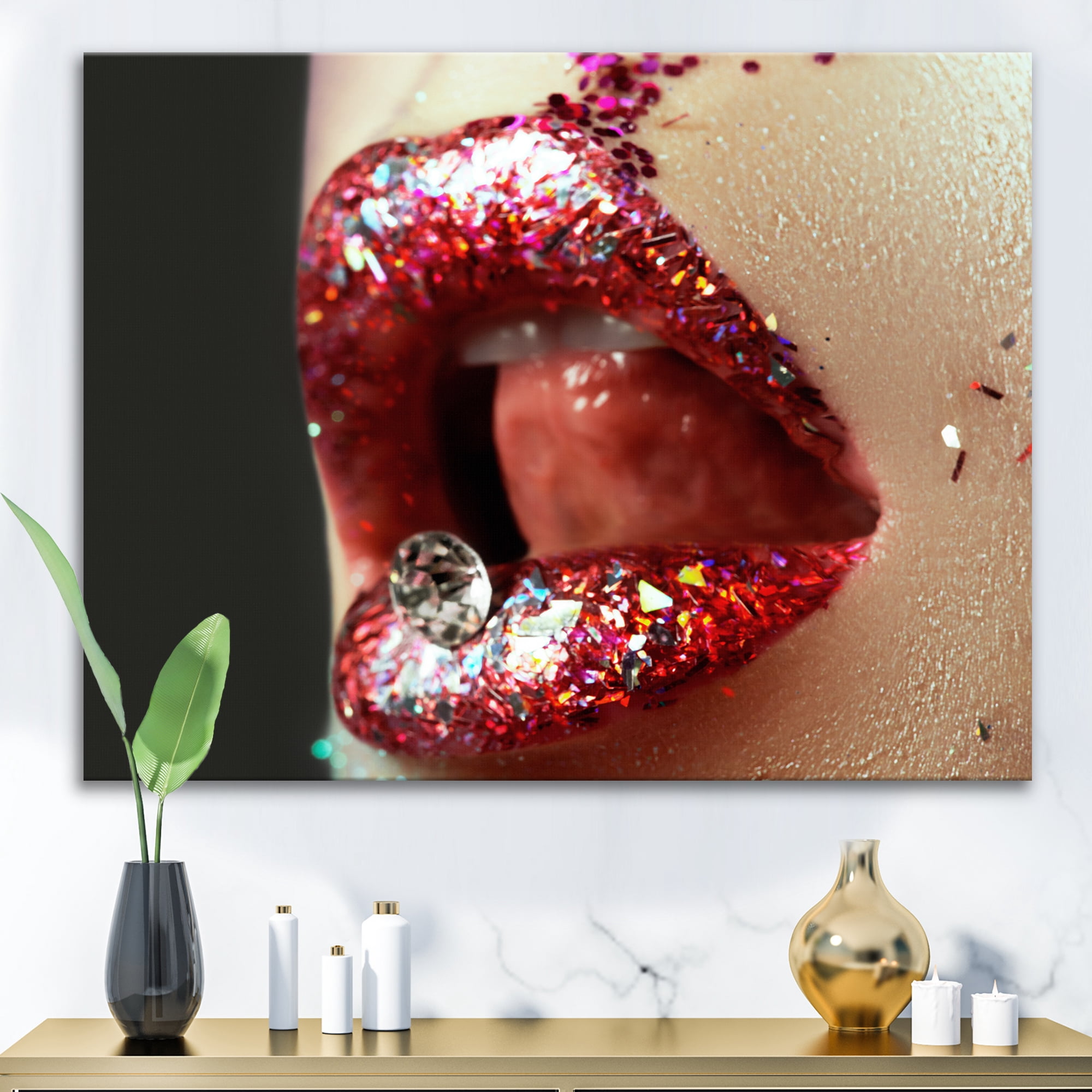 Designart ' Artistic Girl Lips Make-Up ' Modern Canvas Wall Art Print