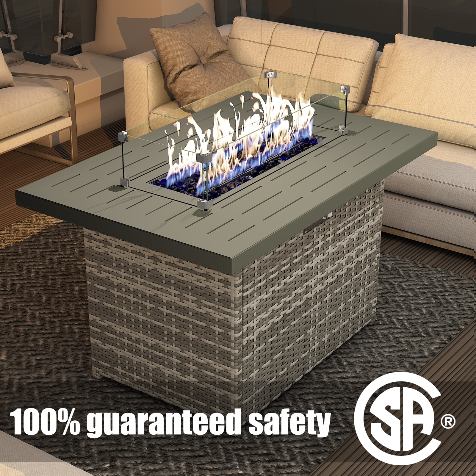 44" Propane Gas Fire Pit Table, 55000 BTU Rectangular Fire Pit with Glass Wind Guard for Outside Patio Deck Garden Backyard