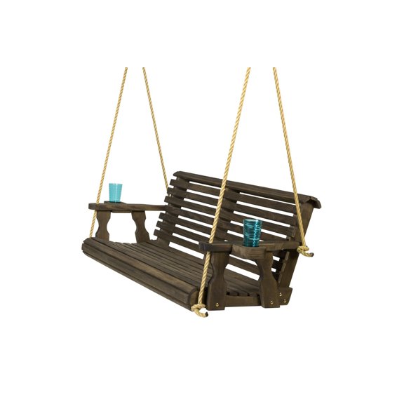 Amish Casual 5 Foot Roll Back Porch Swing with Cup Holders in Dark Walnut Stain - Amish Made in The USA from Treated Pine Heavy Duty 700 Lb. Weight Capacity