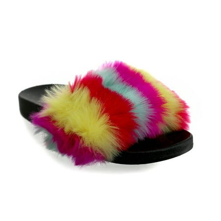 - Olivia Miller 'Fruitland' Multi Color Fur Pool Slide Sandals