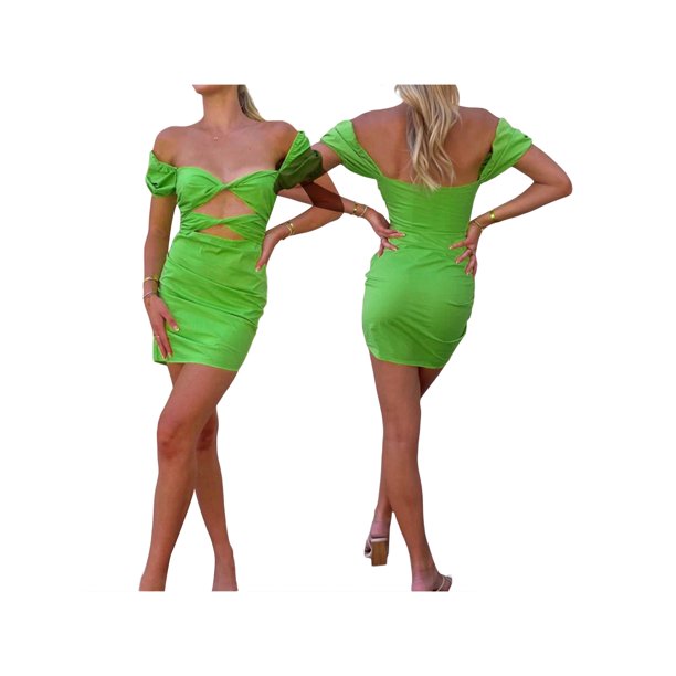 TRKIYQC Vestido ajustado de verano para mujer, con hombros descubiertos, plisado en el pecho, manga corta, una pieza, falda de color sólido, prenda TRKIYQC Casual