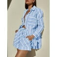 thumbnail image 3 of Womens Striped 2 Piece Outfits Button Down Shirts and Shorts Lounge Matching Sets Light Blue L, 3 of 5