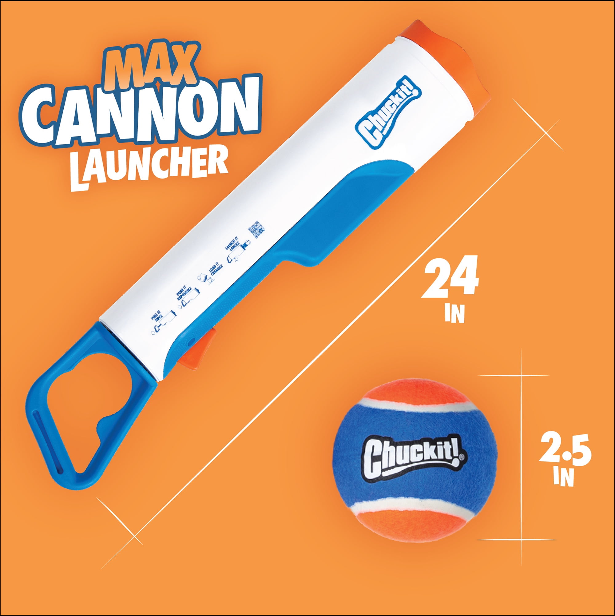 Chuckit! Max Cannon 24M Dog Ball Launcher Fetch Toy for Dogs, 24" Long Compatible with Medium 2.5" Balls, 2 Balls Included
