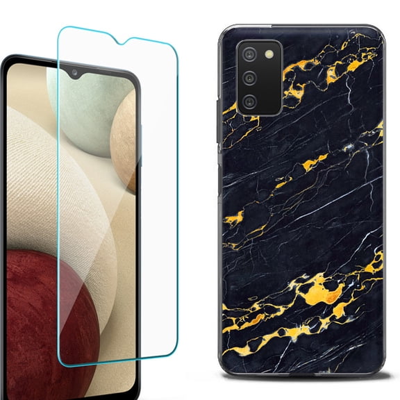 Slim-Fit Protective Fashion Phone Case (Black) for Samsung Galaxy A03s, with Tempered Glass Screen Protector, by OneToughShield ® - Marble / Lava