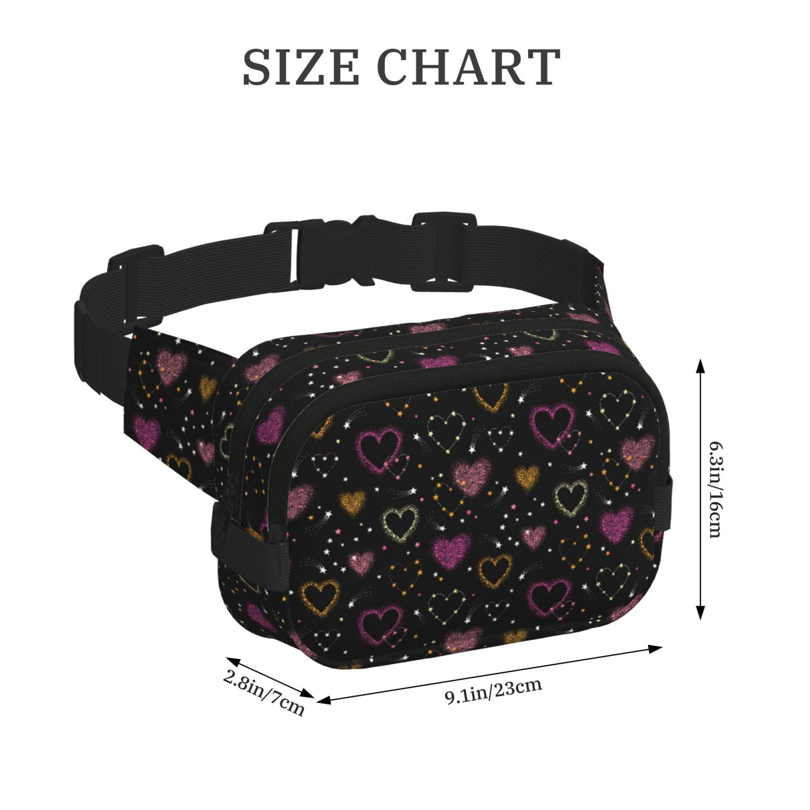 Picia Heart and Stars Print Square Double-Layer Waist Bag Mini Adjustable Waist Belt Bag Exercise Running Travel Hiking