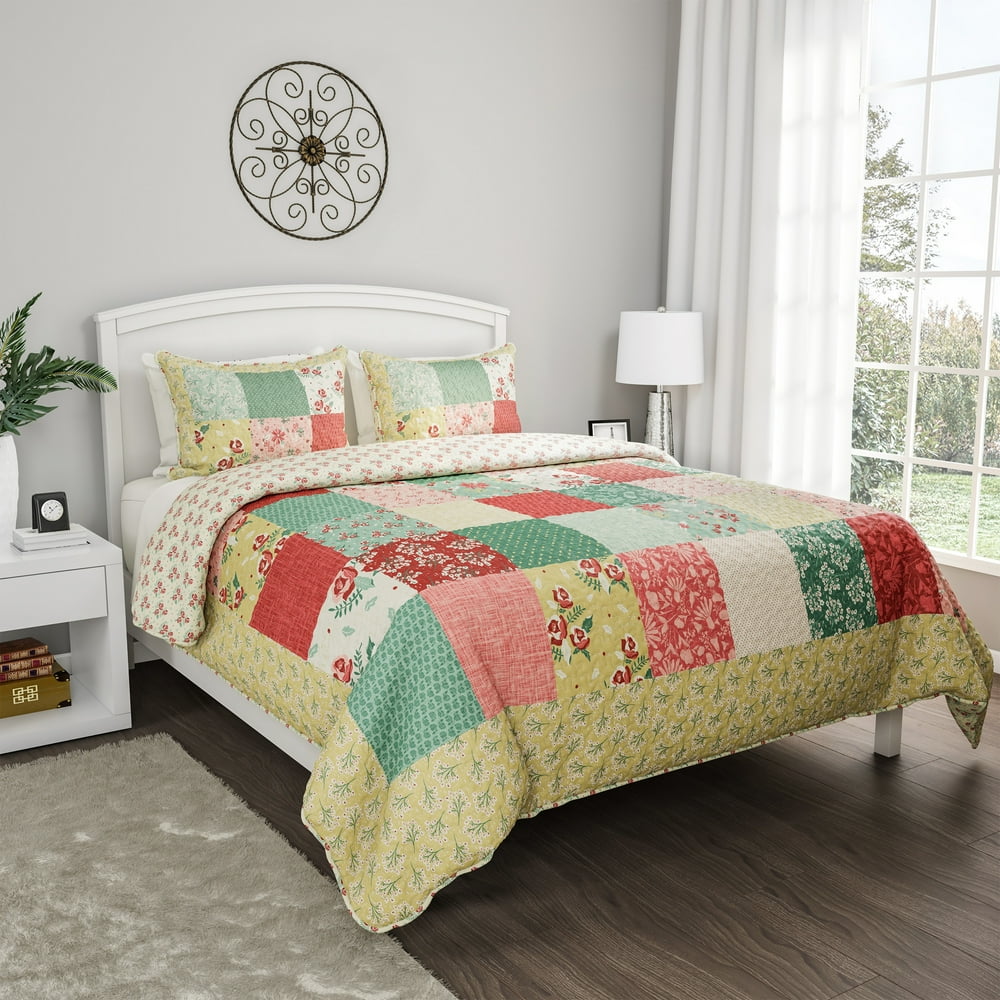 2Piece Quilt Bed Set Sweet Dreams Patchwork Pastel Floral Print by
