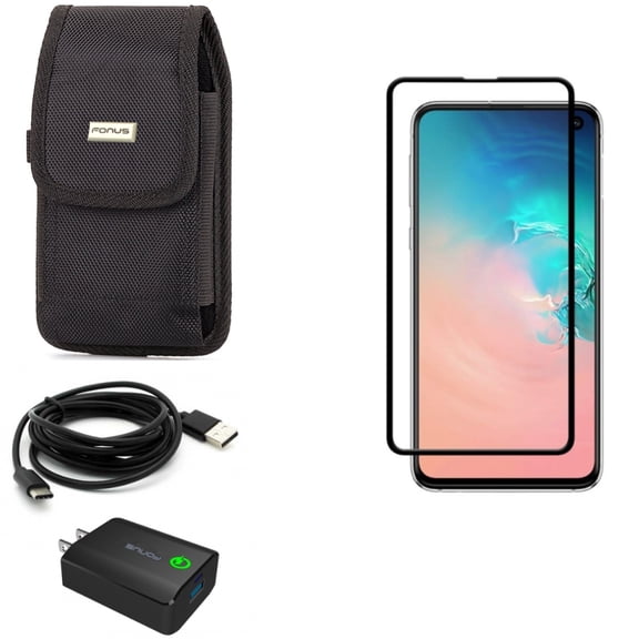 Galaxy S10e Home Charger w Screen Protector w Case Belt Clip - 18W Fast 6ft USB Cable Type-C, Tempered Glass 5D Curved Edge, Swivel Holster Rugged for Samsung Galaxy S10e Phone