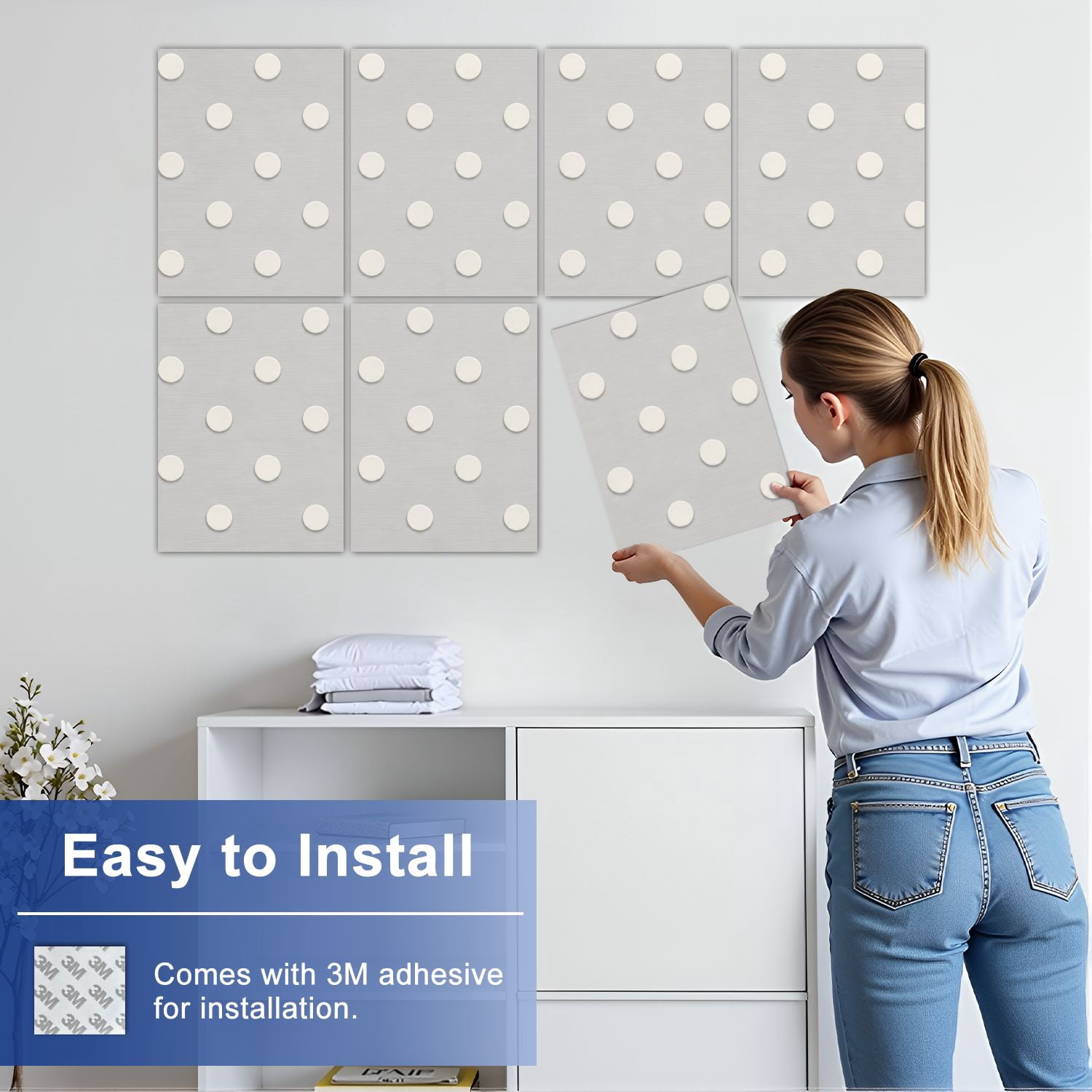 8 Pack Art Acoustic Panels Sound Absorbing White Polka Dot Light Gray Decorative Soundproof Wall Panels Self Adhesive for Nursery Game Room Bedroom 48"x32"