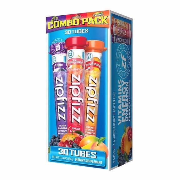 ZipFizz Grape, Fruit Punch & Peach Mango Combo Pack B12 Energy 30 Tubes