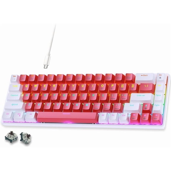 65% Wired Mechanical Keyboard - 68-Key Compact Layout, Full Anti-Ghosting, Brown Swappable White Red Keycaps, for /