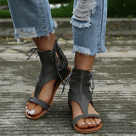 

Daqian Sandals for Women Clearance Summer Fashion Casual Round Head Strap Women s Fashion Roman Flat Sandals Slide Sandals for Women Dark Gray 6(36)