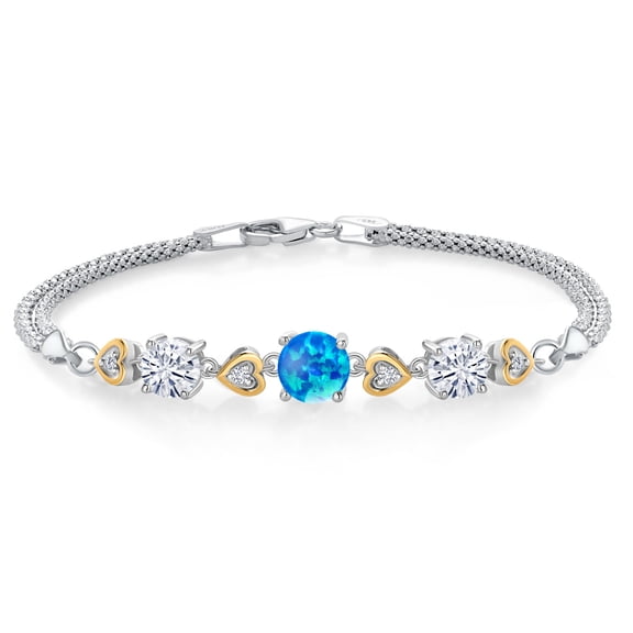 925 Sterling Silver and 10k Yellow Gold Blue Simulated Opal White Moissanite and White Lab Grown Diamond Bracelet for Women (2.54 Cttw, Round 7MM and 6MM, 6.5/7/7.5 inch, Made in Italy)