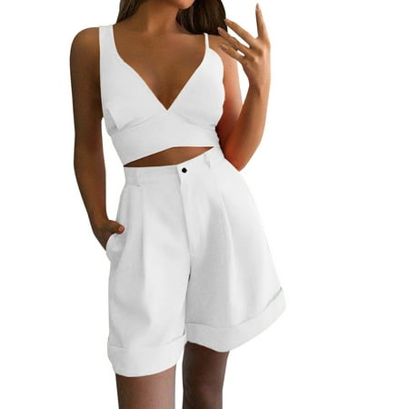 

Dadaria 2 Piece Outfits for Women Shorts Set Classy Solid Color Waist Waist Suit Two Piece Suit White L Female