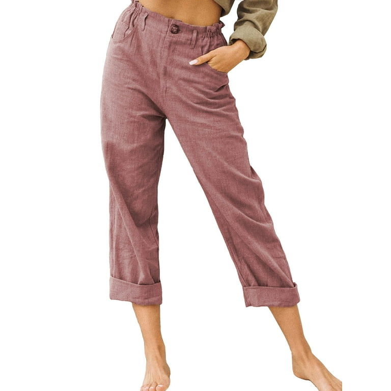Women Linen Capri Pants Button Cropped Pants Summer High Elastic