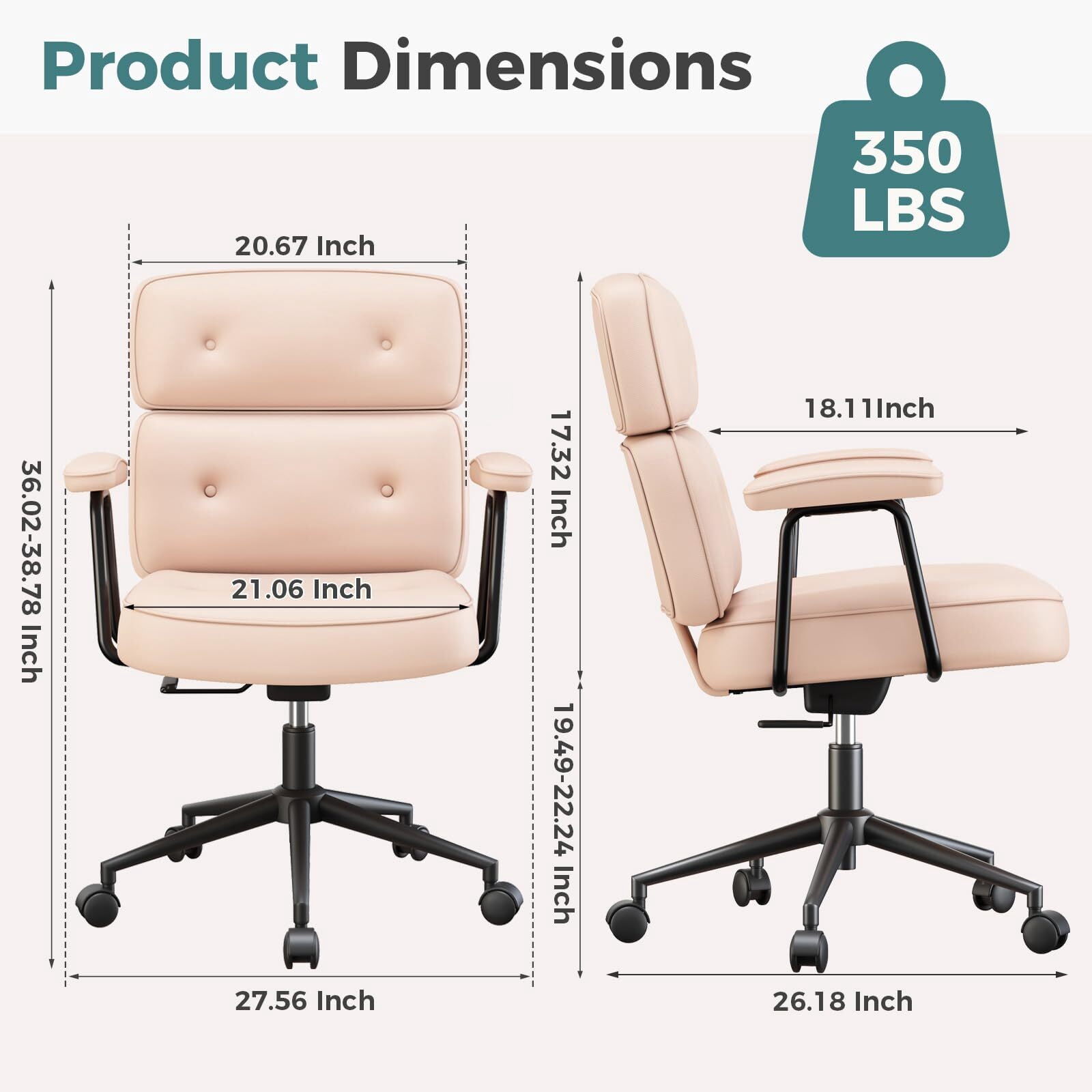 Kelno Ergonomic PU Leather Office Chair 350lbs Capacity High Back Computer Chair with Lumbar Support Adjustable Rolling Swivel Task Chair, Pink