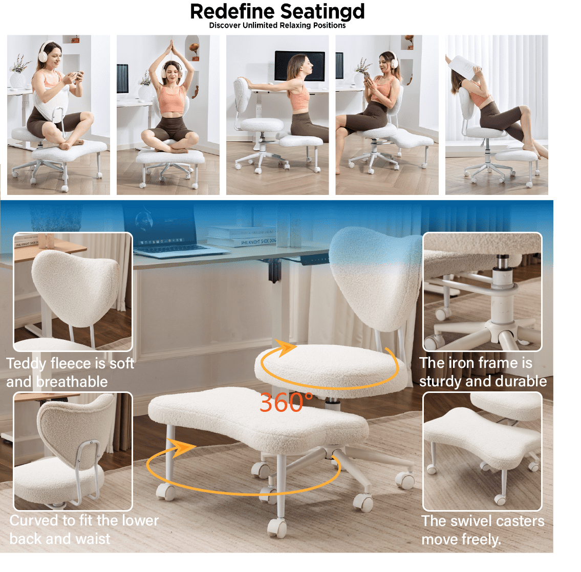 Ergonomic Meditation Chair with Lumbar Support and Height-Adjustable Cushion, Cross-Legged Seating for Office Work and Study, Beige