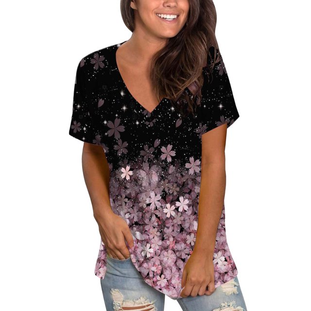 Blusa de camiseta informal con estampado de manga corta y cuello en V de verano para mujer a la moda Fridja bn6346
