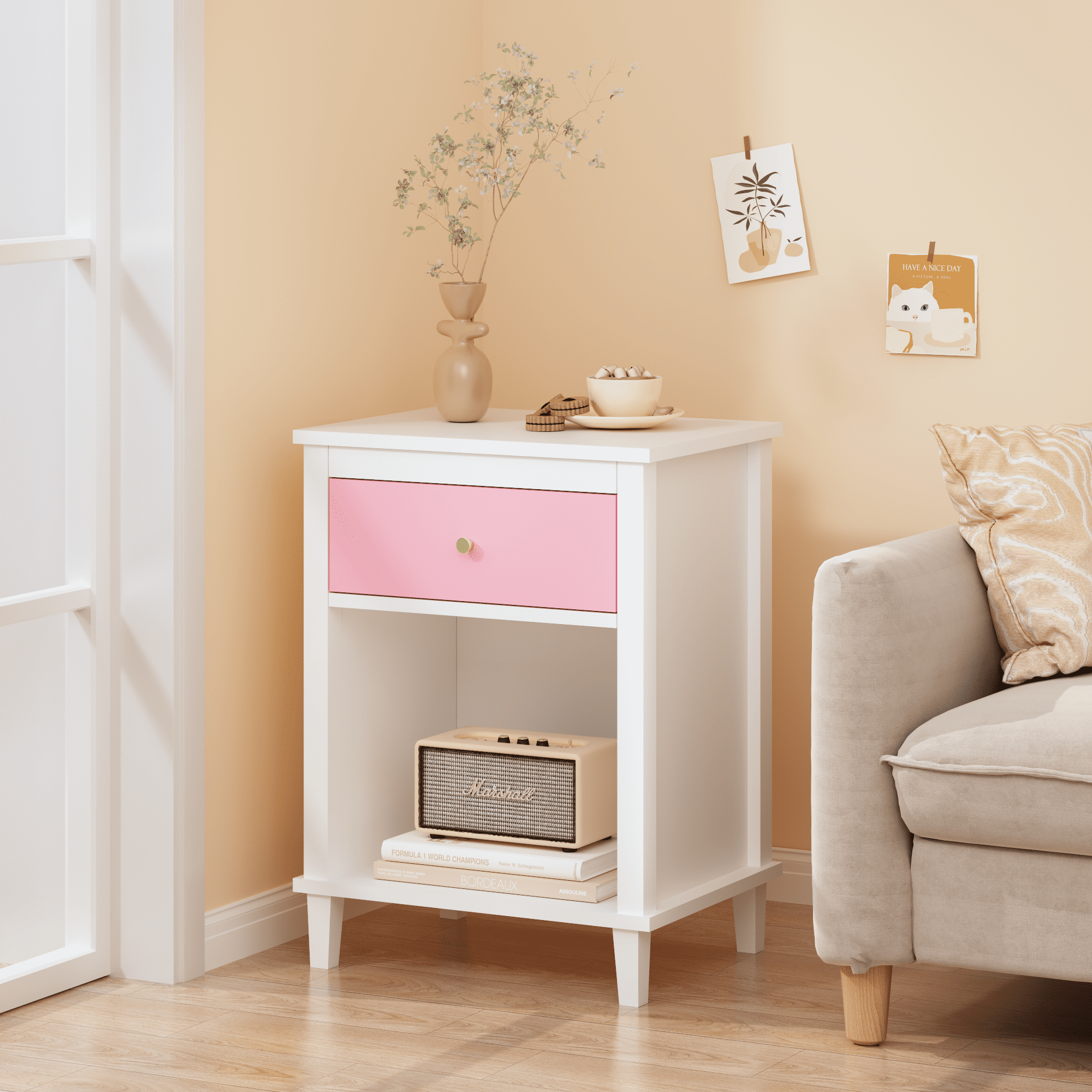 Wooden Nightstand with Drawer & Open Shelf, Pink + White with Golden Handle, Kids Bedside Table for Bedroom