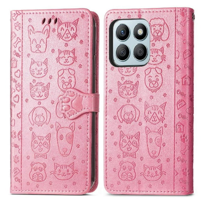 Funda Cartera FOXDOCK para Honor X8b 4G , Flip PU con Relieve de Gatos y Perros, Tarjetero y Soporte